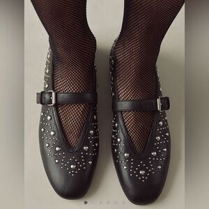 Anthropologie Bibi Lou Studded Mary Jane Flat Black Size 39 NIB